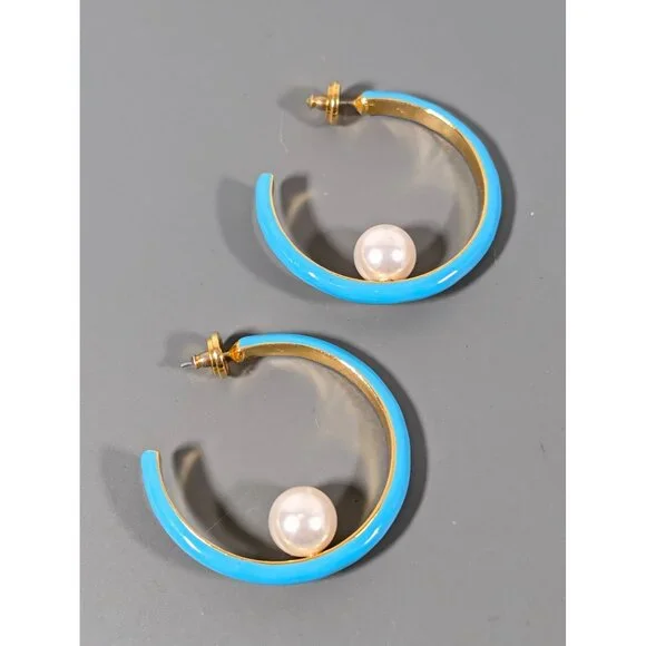 Turquoise Blue Enamel Hoop Earrings Faux‎ Pearl Signed Kenneth Lane - Picture 5 of 10